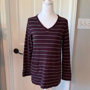 J. Jill Maroon and Gray Striped V-Neck Long Sleeve Tee